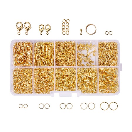 PandaHall Elite 1Box About 1585 Pcs Jewelry Making Findings Kits with Lobster Claw Clasps Twist Chain Links Drop Ends 22 Gauge Open Jump Rings 4~10mm and Jump Ring Open Tool Golden