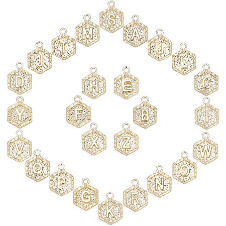 SUNNYCLUE 1 Box 26Pcs Real 18K Gold Plated Hexagon Letter Charms Bulk Alphabet Pendant Charm Jewelry Findings for Bracelet Necklace Wine Glass Charms Jewelry Making Valentine's Day Weddings