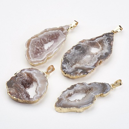 Honeyhandy Natural Geode Agate Pendants, with Brass Findings, Nuggets, Golden, 38~65x18~40x5~6mm, Hole: 5x7mm