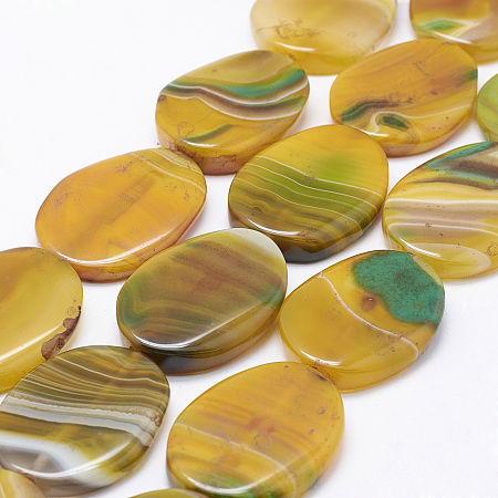 Nbeads Natural Stripe Agate Beads Strands, Dyed & Heated, Oval, Gold, 37~41x25~31x5~7mm, Hole: 2mm, about 10pcs/strand, 15.35