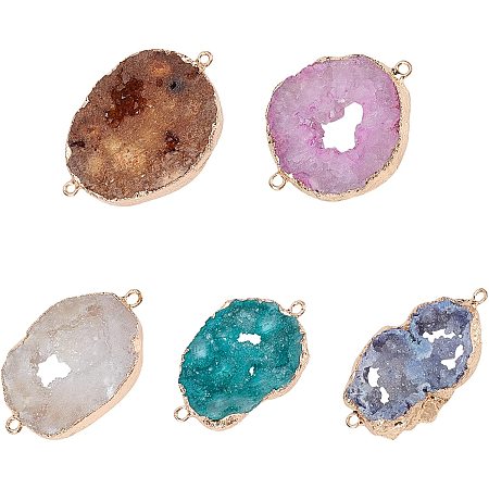 PandaHall Elite 5PCS Natural Stone Links, Crystal Gemstone Pendants, Natural Druzy Agate Charms with Light Gold Brass Findings, Jewelry Connectors for Necklace Bracelet Jewelry Making Findings