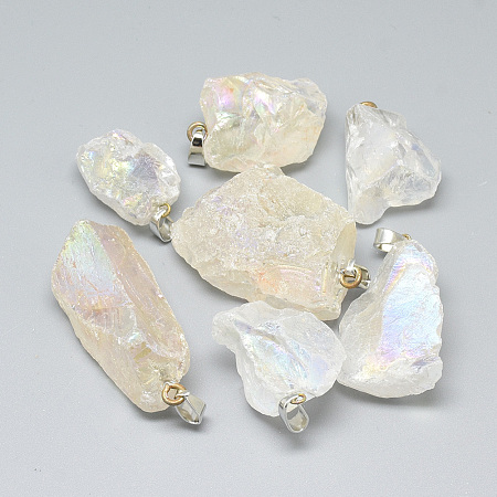 Honeyhandy Electroplate Rough Raw Natural Quartz Crystal Pendants, with Iron Bails, Nuggets, Platinum, Clear, 25~48x17~28x10~24mm, Hole: 6x3mm