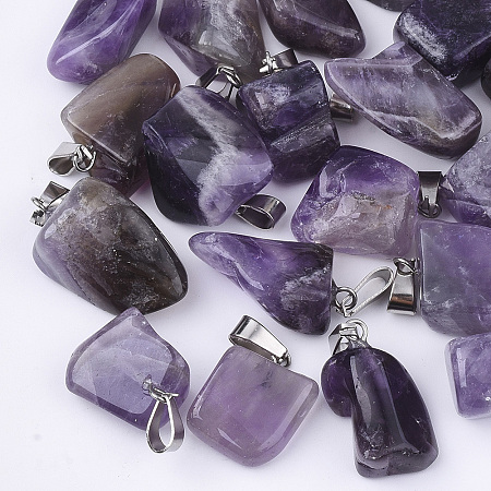 Unicraftale 24Pcs Natural Amethyst Pendants, with Stainless Steel Snap On Bails, Nuggets, Stainless Steel Color, 15~35x10~20x5~15mm, Hole: 3x7.5mm