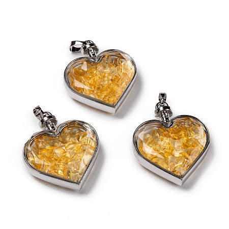 Honeyhandy Glass Bottle Pendants, with Synthetic Citrine Chips and Platinum Plated Alloy Findings, Heart, 40x32.5x11mm, Hole: 8x5mm