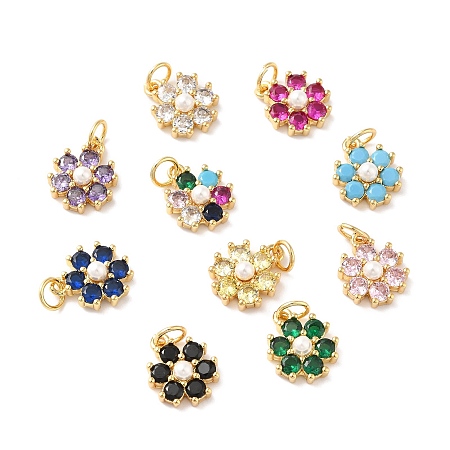 Honeyhandy Rack Plating Brass Micro Pave Cubic Zirconia Charms, with Pearl, Cadmium Free & Lead Free, Real 18K Gold Plated, Flower, Mixed Color, 12.5x10.5x4mm, Hole: 3.6mm