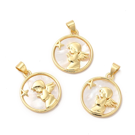 Honeyhandy Rack Plating Brass with Shell Pendants, Flat Round with Angel Charms, Cadmium Free & Lead Free, Real 18K Gold Plated, 21x18x3mm, Hole: 3x5mm