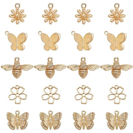 BENECREAT 20 Packs 5 Styles 18K Gold Plated Butterfly Pendants Bees Pendant Flower Brass Pendants with Loops for DIY Necklace Bracelet Earring Jewelry Making Crafts