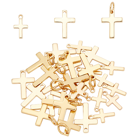 BENECREAT 30Pcs 3 Style Brass Pendants, with Loops, Long-Lasting Plated, Cross, Real 18K Gold Plated, 12.5x9x1mm, Hole: 3.2mm