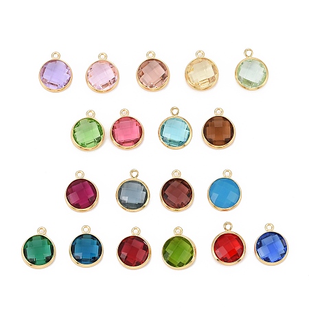 ARRICRAFT Brass Glass Charms, Long-Lasting Plated, Lead Free & Nickel Free & Cadmium Free, Faceted Flat Round, Real 18K Gold Plated, Mixed Color, 13.5x11x5mm, Hole: 1.4mm