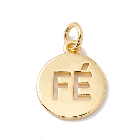Honeyhandy Brass Charms, with Jump Ring, Lead Free & Cadmium Free, Flat Round with Word Fe, Real 18K Gold Plated, 14.5x12x1.4mm, Hole: 3.2mm