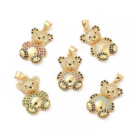 Brass Micro Pave Cubic Zirconia Pendants, Bear Charm, Golden, Mixed Color, 23.5x15x5mm, Hole: 4.5x3.5mm