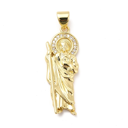 Honeyhandy Rack Plating Brass Micro Pave Cubic Zirconia Pendants, Religion Saint Jude Charm, Long-Lasting Plated, Cadmium Free & Lead Free, Real 18K Gold Plated, 29.5x10.5x2.5mm, Hole: 3.5x4mm