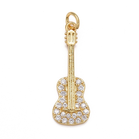 Honeyhandy Rack Plating Brass Clear Cubic Zirconia Pendants, Cadmium Free & Nickel Free & Lead Free, Long-Lasting Plated, with Jump Ring, Guitar, Real 18K Gold Plated, 27.5x9.5x2mm, Jump Ring: 5x1mm, Inner Diameter: 3mm