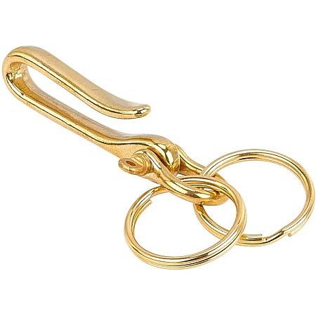 Pandahall Elite 2 Pieces Brass Solid U Shape Hook Car Loop Pocket Clip with Fishhook Key Chain Shackle Split Ring Key Ring for Men Wallet Chain Accessory, Golden