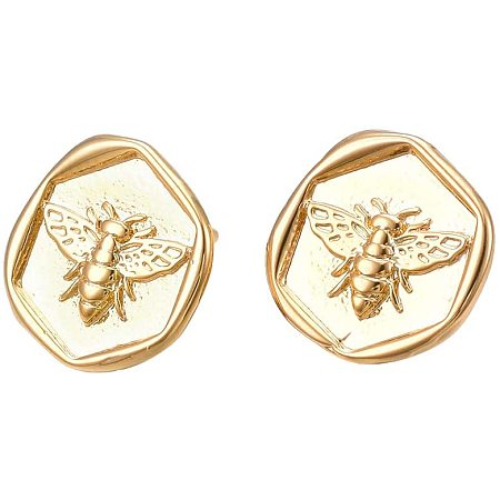 CHGCRAFT About 50pcs Brass Stud Earring Findings Flat Round with Bee Shape Charms with Loop and 925 Sterling Silver Pins Real 18K Gold Plated Earring