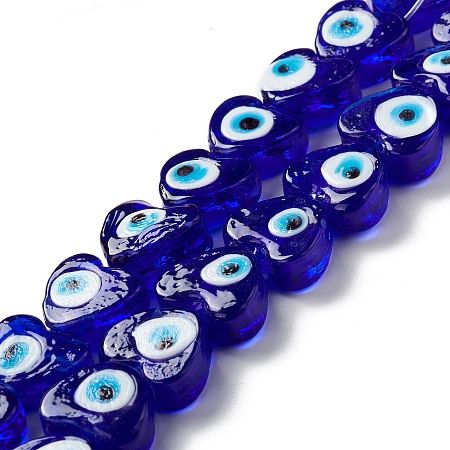Honeyhandy Handmade Evil Eye Lampwork Beads, Heart, Blue, 14.5~15x15.5~16x6.5~7.5mm, Hole: 1~1.6mm, about 25pcs/strand, 14.02~13.66 inch(34.7~35.6cm)