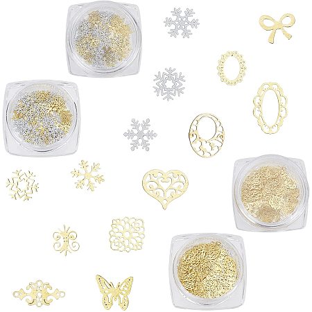 SUNNYCLUE 4 Boxes Gold Nail Stud Hollow Brass Snowflake Resin Filler Butterfly Leaf Bowknot Art Rivets Filigree Charms Cabochons Filling Accessories for DIY Jewelry Decoration Crafts Supplies