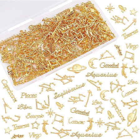OLYCRAFT 186pcs Cosmos 12 Constellations Theme Resin Fillers Zodiac Sign Words Star Sign Charms Star Moon Spaceship Alloy Epoxy Resin Supplies Filling Accessories for Resin Jewelry Making - Golden