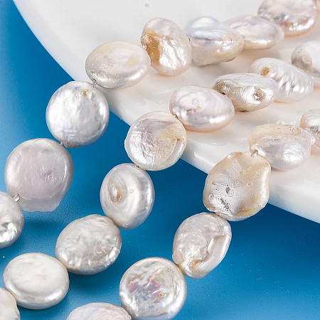 Arricraft Natural Keshi Pearl Beads Strands, Cultured Freshwater Pearl, Flat Round, Seashell Color, 10~13x10~12x3.5~7mm, Hole: 0.6mm, about 33~34pcs/strand, 14.96 inch(38cm)