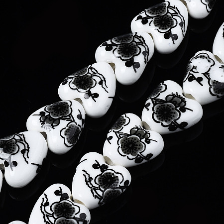 Honeyhandy Handmade Porcelain Ceramic Beads Strands, Flower Printed, Heart, Black, 15x15x7mm, Hole: 3mm, about 23pcs/strand, 12.8 inches(32.5cm)