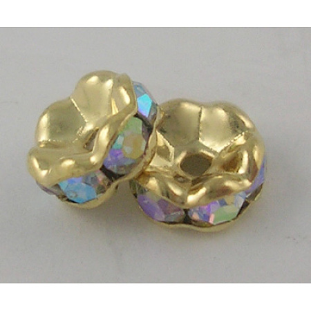 Honeyhandy Brass Rhinestone Spacer Beads, Beads, Grade A, Clear AB, with AB Color Rhinestone, Golden Metal Color, Nickel Free, Size: about 6mm in diameter, 3mm thick, hole: 1mm
