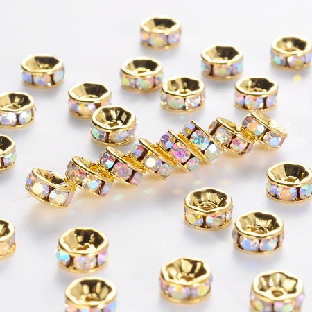 Honeyhandy Brass Grade A Rhinestone Spacer Beads, Golden Plated, Rondelle, Nickel Free, Crystal AB, 4x2mm, Hole: 0.8mm