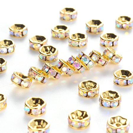 NBEADS 100pcs Grade A Brass Rhinestone Spacer Beads, Golden Plated, Rondelle, Nickel Free, Crystal AB