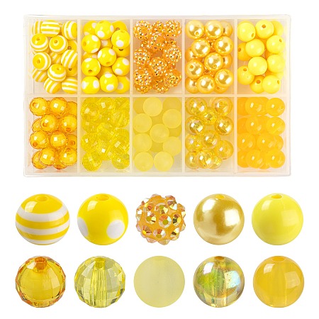 Arricraft DIY Jewelry Making Kits, Including Transparent & Opaque & Imitation Jelly & Chunky Bubblegum Acrylic Beads, ABS Plastic Imitation Pearl Beads, AB-Color Rhinestone & Striped Resin Beads, Yellow, Beads: 160pcs/box