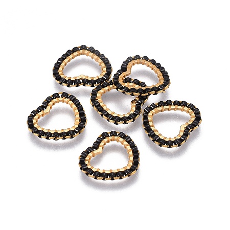 Arricraft Handmade Japanese Seed Beads, with 304 Stainless Steel Link Rings, Loom Pattern, Heart, Golden, Black, 13.5~14x15x1.8~2mm