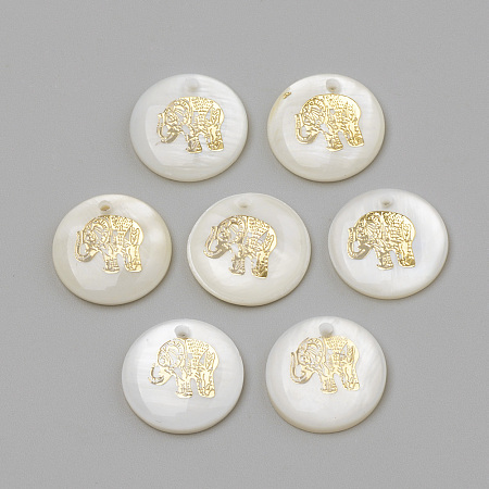 Freshwater Shell Pendants, Flat Round & Elephant, Golden, 16x3.5~4mm, Hole: 1.5mm