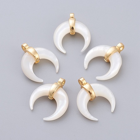 Honeyhandy Natural White Shell Mother of Pearl Shell Pendants, with Golden Plated Brass Findings, Double Horn/Crescent Moon, 15.5x13x5.3mm, Hole: 1.5mm