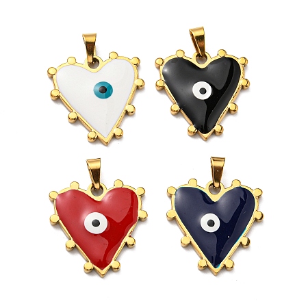 Ion Plating(IP) 304 Stainless Steel Pendants, with Enamel, Heart with Evil Eye Charm, Golden, Mixed Color, 21x21x3mm, Hole: 5x3.5mm