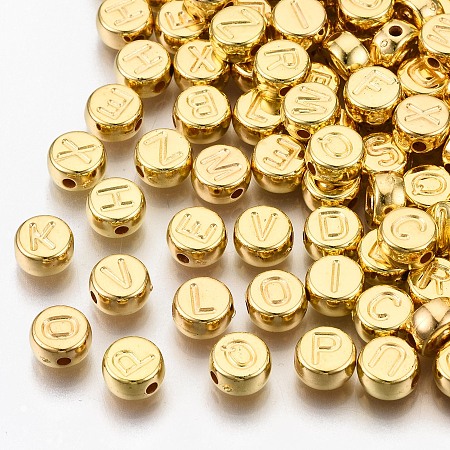 ARRICRAFT CCB Plastic Beads, Horizontal Hole, Flat Round with Letter A~Z, Golden, 7x4mm, Hole: 1.4mm
