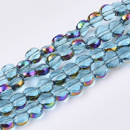 ARRICRAFT Electroplate Glass Beads Strands, Multi-color Plated, Faceted, Flat Round, Sky Blue, 5.5~6x3.5~4mm, Hole: 1mm; about 98~100pcs/strand, 22 inches