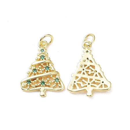 Brass with Cubic Zirconia Pendants, Cadmium Free & Lead Free, Rack Plating, Christmas Theme, Christmas Tree, Real 18K Gold Plated, 20x14.5x2.3mm, Hole: 3mm