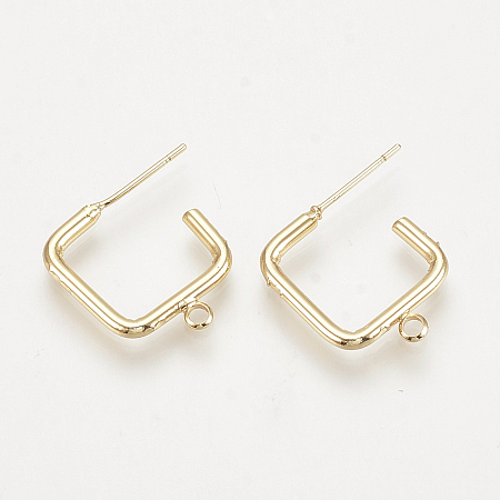 Honeyhandy Brass Stud Earring Findings, with Loop, Square, Nickel Free, Real 18K Gold Plated, 19x16x2mm, Hole: 1.5mm, Pin: 0.8mm