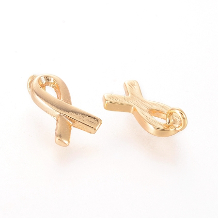 Honeyhandy Brass Charms, Awareness Ribbon, Nickel Free, Real 18K Gold Plated, 9x5x1mm, Hole: 1mm
