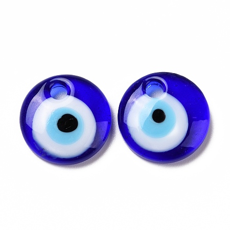 Honeyhandy Handmade Lampwork Evil Eye Pendants, Flat Round, Blue, 15x4mm, Hole: 2.8mm