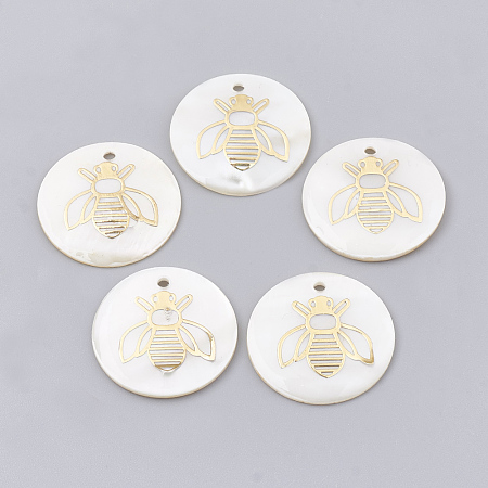 Honeyhandy Freshwater Shell Pendants, with Brass Findings, Flat Round with Bee, Golden, 22.5~23x1.5~2mm, Hole: 1.5mm