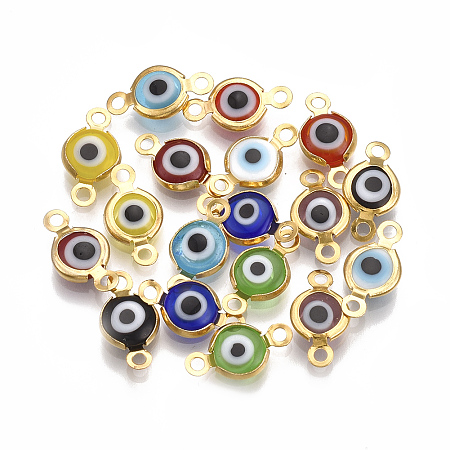 Honeyhandy Handmade Evil Eye Lampwork Links connectors, with 304 Stainless Steel Findings, Flat Round, Golden, 12.5x7x2.5mm, Hole: 1.5mm