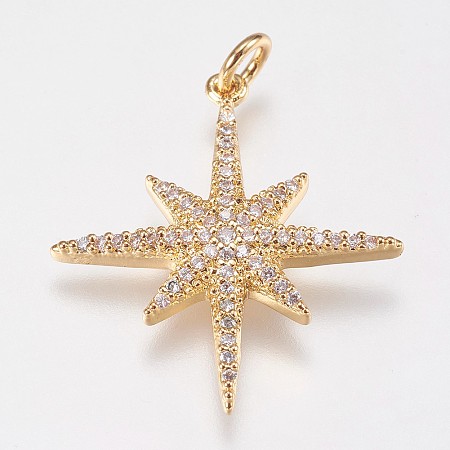 Honeyhandy Brass Micro Pave Cubic Zirconia Pendants, Star, Real 18K Gold Plated, 25x23x3mm, Hole: 3mm