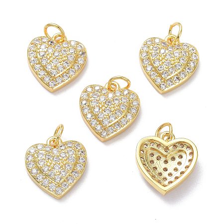 Arricraft Brass Micro Pave Clear Cubic Zirconia Charms, with Jump Ring, Long-Lasting Plated, Heart, Real 18K Gold Plated, 14x13x4mm, Jump Rings: 5x1mm, 3mm Inner Diameter