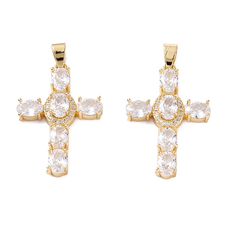 Honeyhandy Brass Micro Pave Clear Cubic Zirconia Pendants, Long-Lasting Plated, Cross, Real 18K Gold Plated, 35x23x6mm, Hole: 4.5x3.5mm