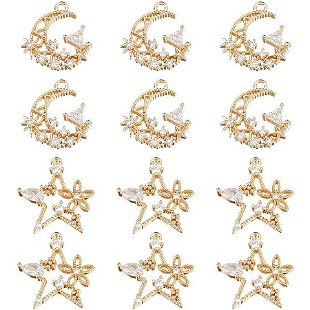 NBEADS 12 Pcs 2 Style Cubic Zirconia Pendant Charms, 18K Gold Plated Moon and Star with Flower Charms Micro Pave Clear CZ Brass Pendant for Jewelry Making
