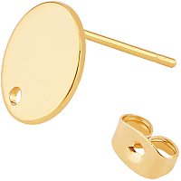 BENECREAT 10PCS 18K Real Gold Plated Flat Round Earring Studs with Brass Ear Nuts for DIY Earring Jewelry Making, Hole: 1mm, Pin: 0.8mm