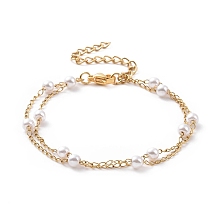 Honeyhandy Round Plastic Imitation Pearl Beads Multi-strand Bracelets, with Vacuum Plating 304 Stainless Steel Curb Chains, White, Golden, 6-1/4 inch(15.8cm)