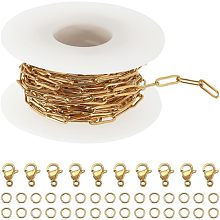 SUNNYCLUE 1 Roll 16.4Feet/5m Stainless Steel Paperclip Chain Bulk 12x4mm Golden Paper Clip Chains Links Real 18K Gold Plated 10Pcs Lobster Clasps 30Pcs Open Jump Rings for Jewelry Making Supplies