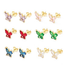 Honeyhandy Brass Micro Pave Cubic Zirconia Stud Earring, Real 18K Gold Plated, Butterfly, Mixed Color, 8x9.5mm, Pin: 1mm