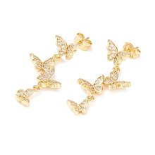 Honeyhandy Cubic Zirconia Butterfly Dangle Stud Earrings, Real 18K Gold Plated Brass Long Drop Earrings for Women, Cadmium Free & Lead Free, Clear, 35mm, Pin: 0.7mm