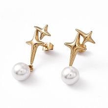 Honeyhandy Plastic Imitation Pearl & Star Stud Earrings, Ion Plating(IP) 304 Stainless Steel Jewelry for Women, Golden, 31mm, Pin: 0.7mm